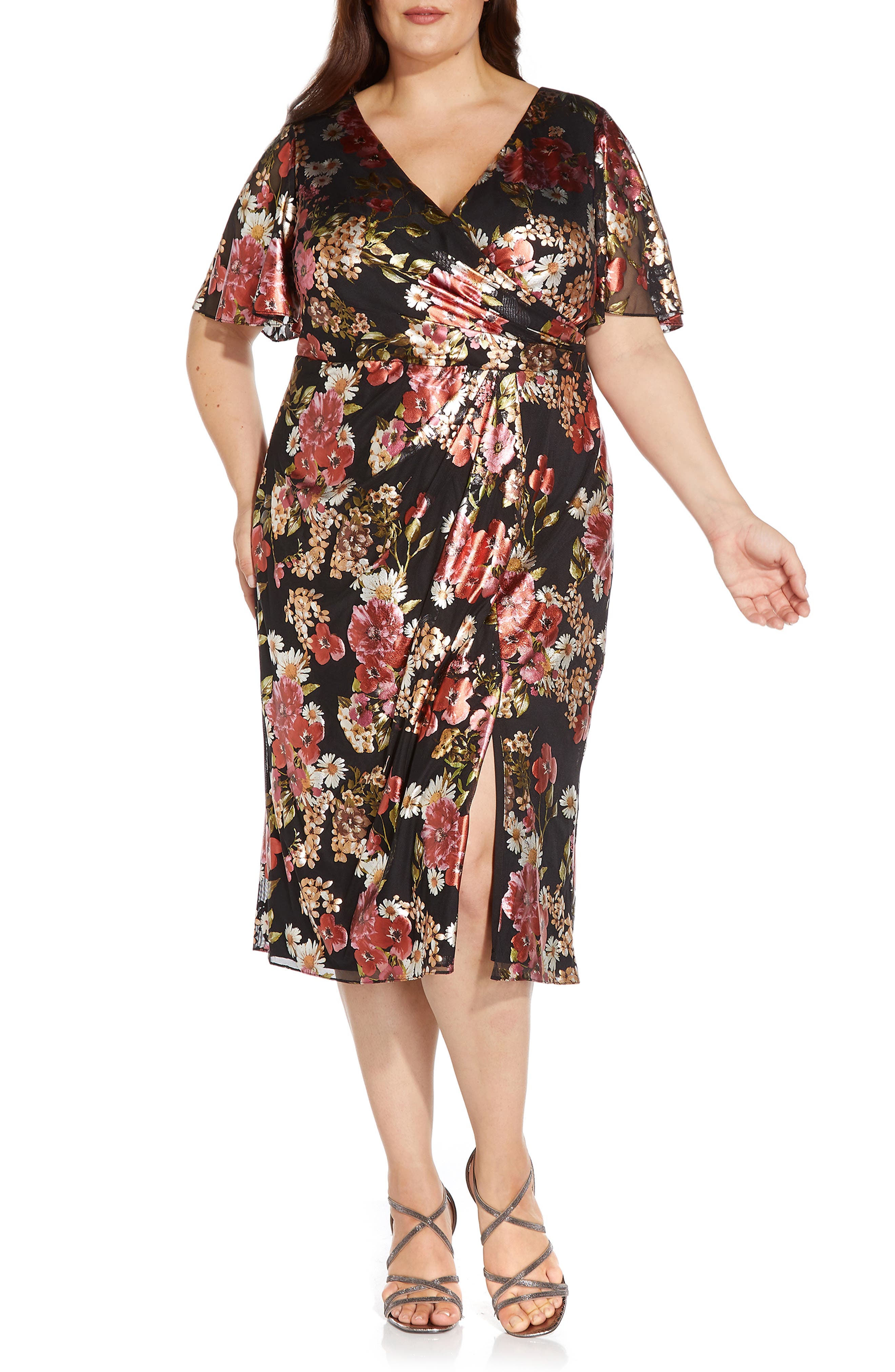 Adrianna Papell Draped Floral Faux Wrap ...